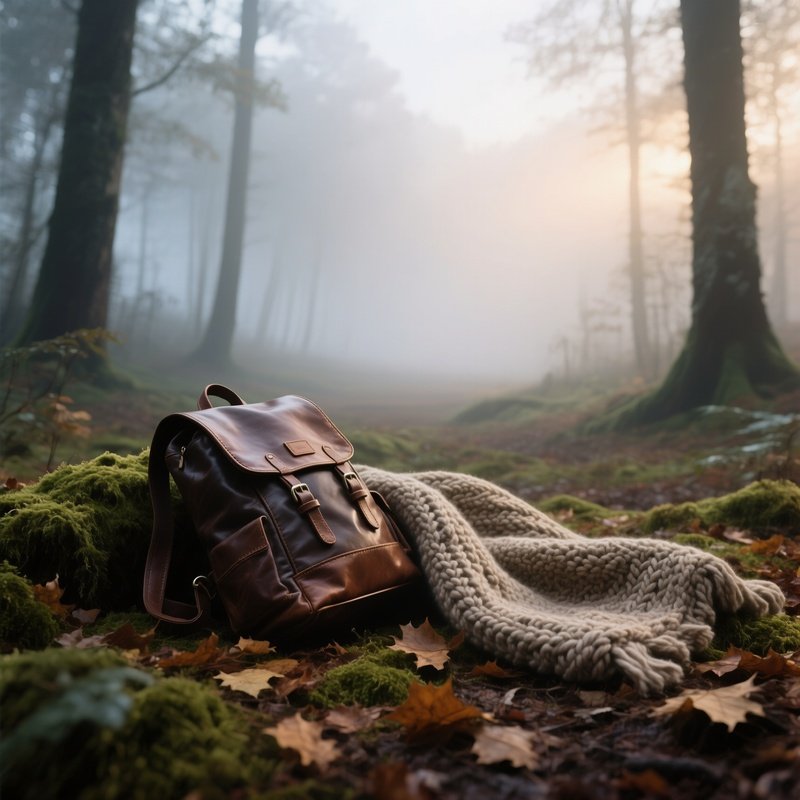 A Misty Forest Clearing At Dawn, A Leather Backpack Lying On Moss Beside A Woven Wool Blanket