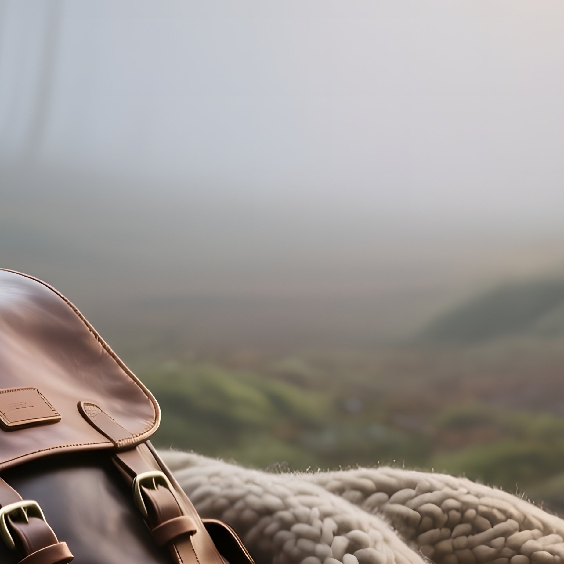 A Misty Forest Clearing At Dawn, A Leather Backpack Lying On Moss Beside A Woven Wool Blanket - Full Resolution Quality Preview