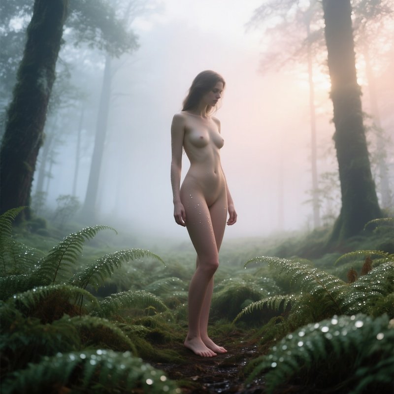 A Misty Forest Clearing At Dawn, A Nude Woman Standing Barefoot Among Ferns, Dewdrops Glistening On