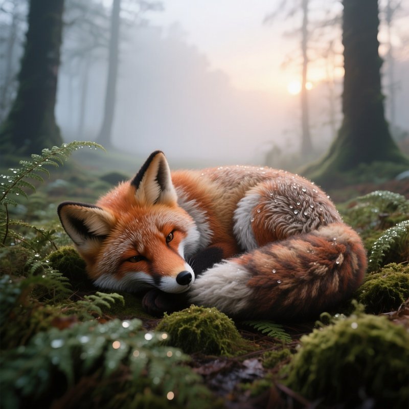A Misty Forest Clearing At Dawn Where A Life‑Size Woolen Fox Lies Curled Among Ferns, Its Fibers