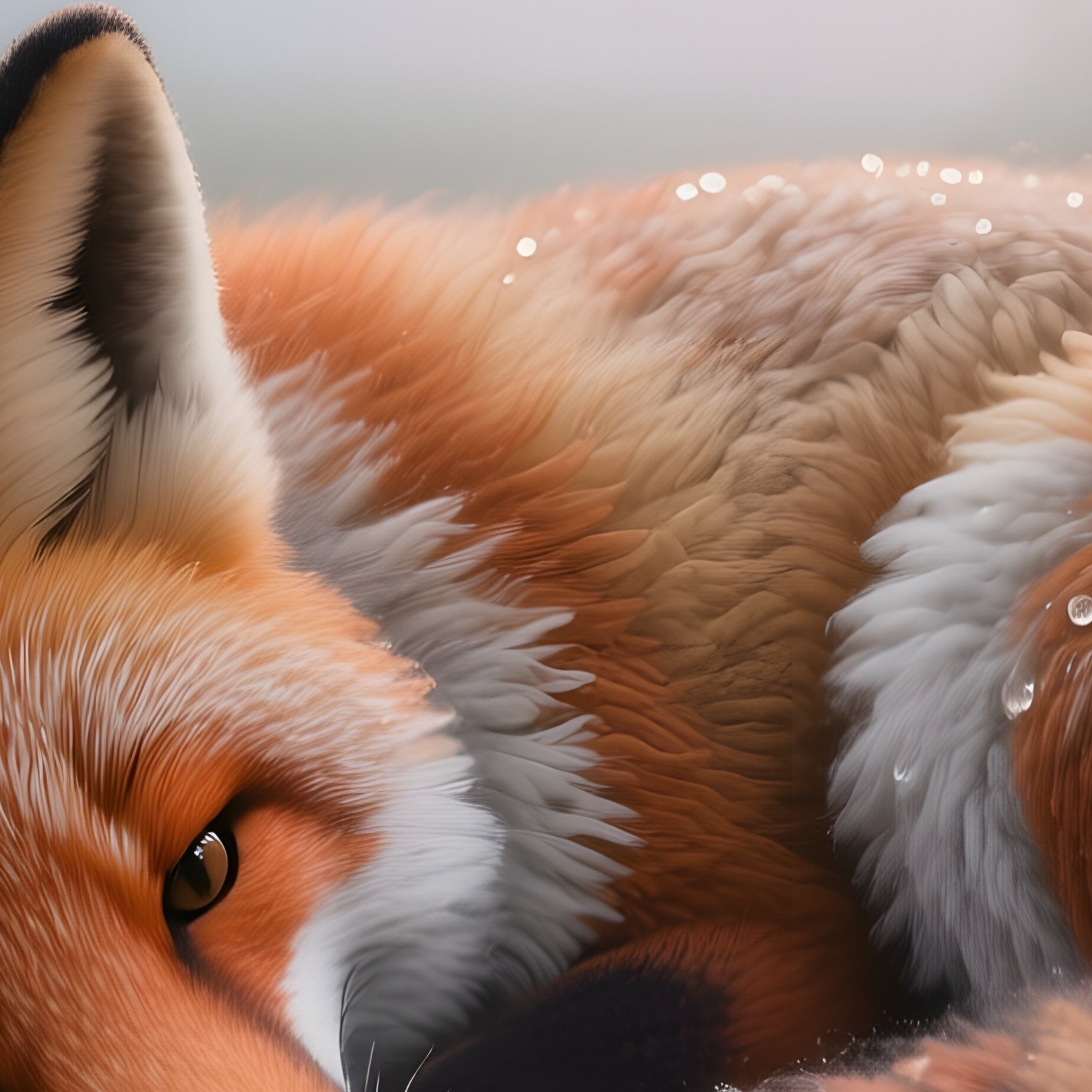 A Misty Forest Clearing At Dawn Where A Life‑Size Woolen Fox Lies Curled Among Ferns, Its Fibers - Full Resolution Quality Preview