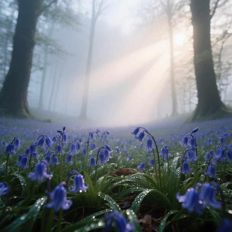 A Misty Forest Clearing At Dawn Where Bluebells Carpet The Ground, Shafts Of Pale Light Piercing