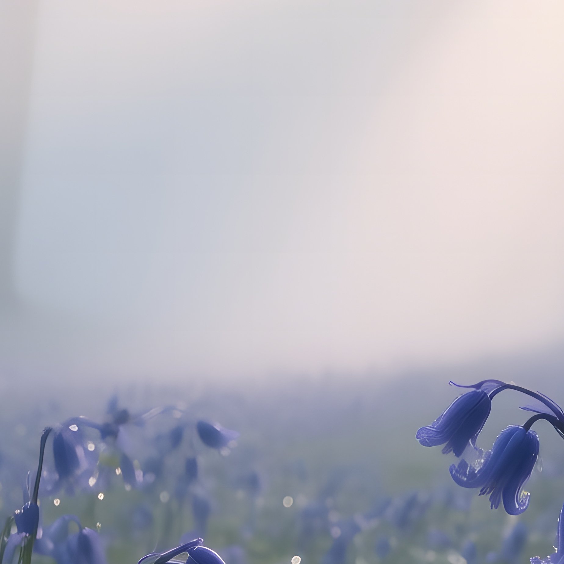 A Misty Forest Clearing At Dawn Where Bluebells Carpet The Ground, Shafts Of Pale Light Piercing - Full Resolution Quality Preview