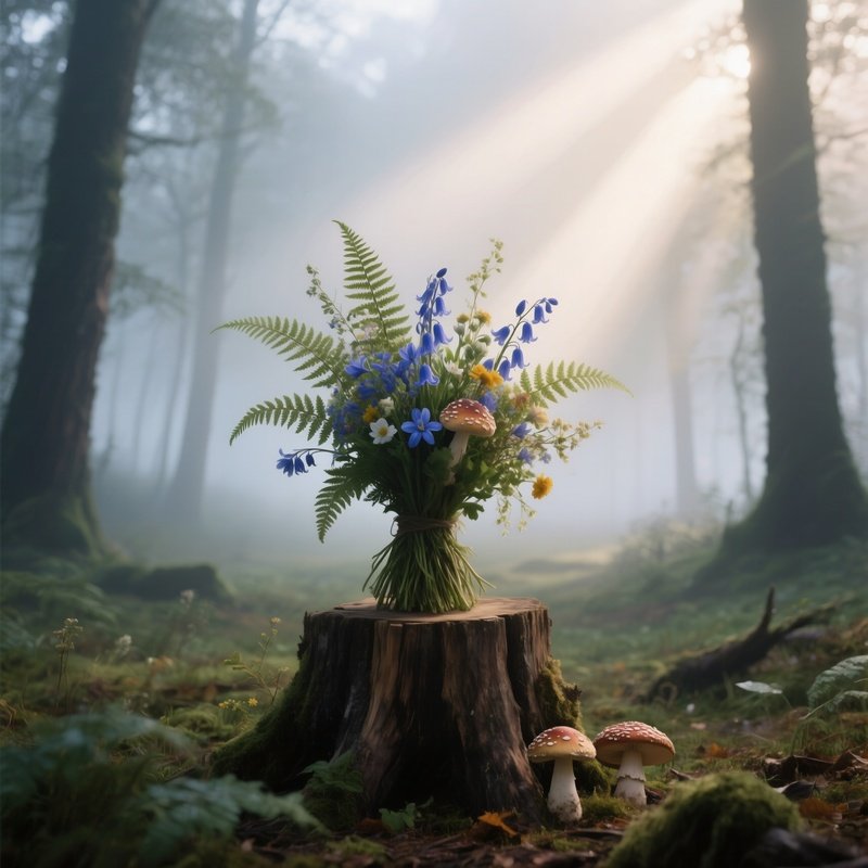 A Misty Forest Clearing At Dawn With A Rustic Wooden Stump Supporting A Wildflower Bouquet Of