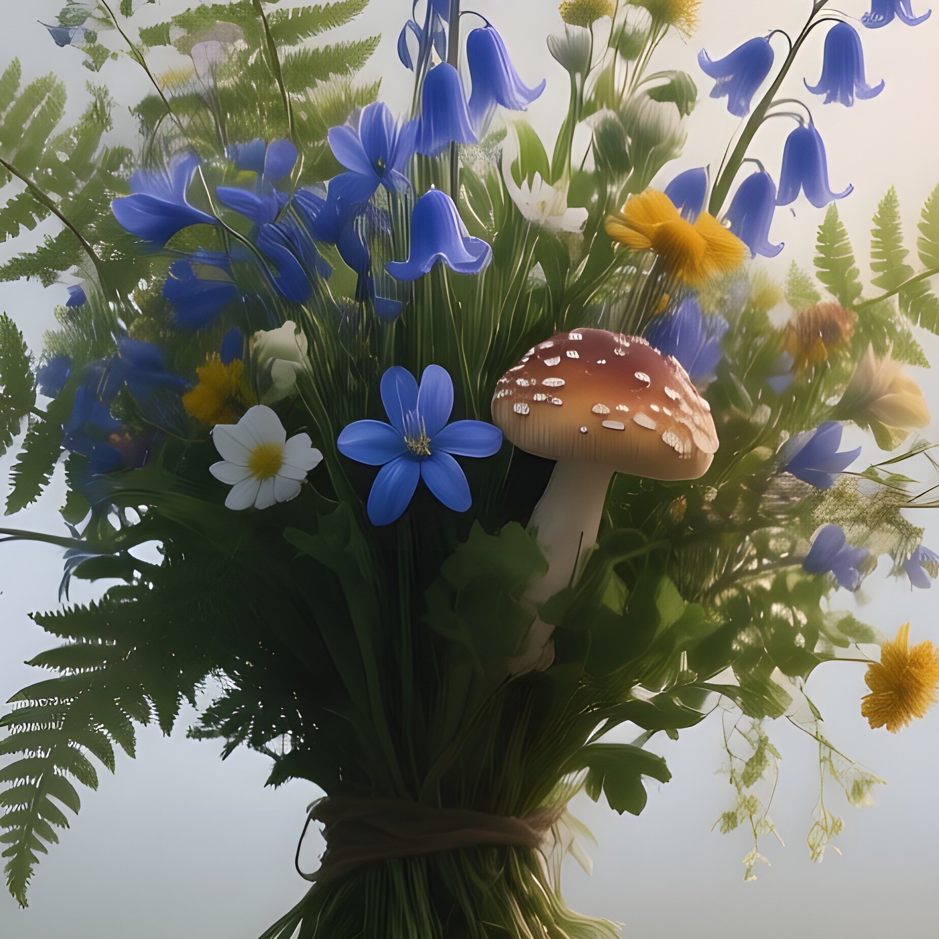 A Misty Forest Clearing At Dawn With A Rustic Wooden Stump Supporting A Wildflower Bouquet Of - Full Resolution Quality Preview