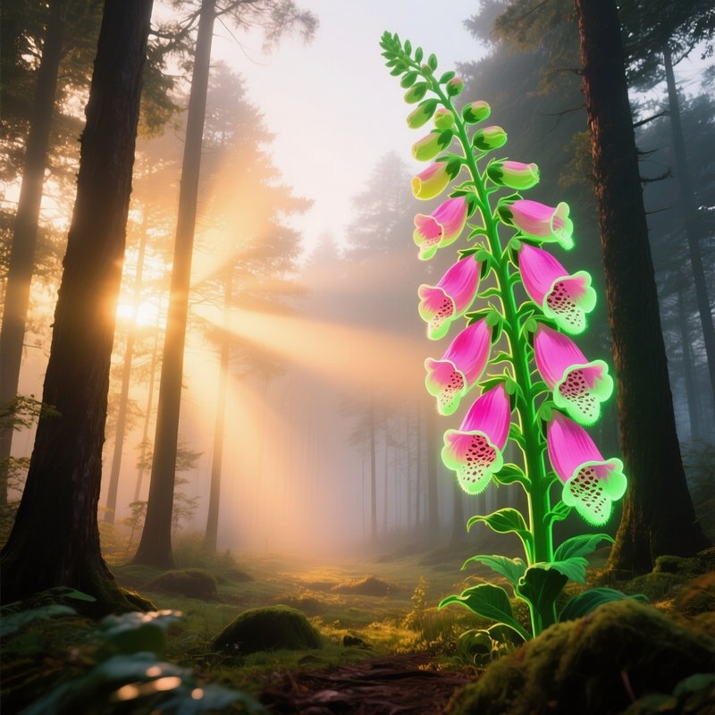 A Misty Forest Clearing At Sunrise Where Oversized Pop‑Art Foxgloves Glow In Neon Green And Pink,