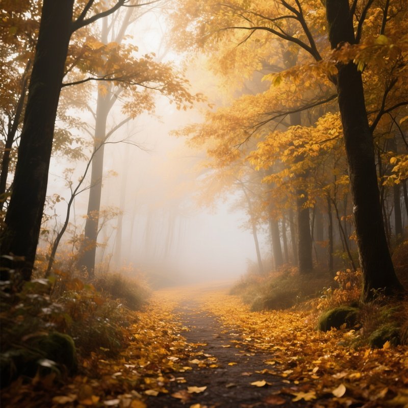 A Misty Forest Path In Early Autumn, Golden Leaves Carpet The Ground, Soft Sunlight Filtering