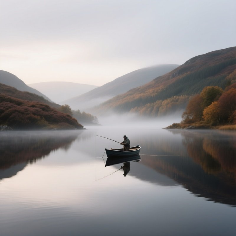 A Misty Highland Loch At Dawn In Late Autumn, Heather Covered Hills Surrounding, Soft Gray Sky