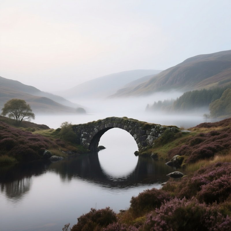 A Misty Highland Loch Surrounded By Heather‑Covered Hills, Early Morning Fog Hovering Over Water,