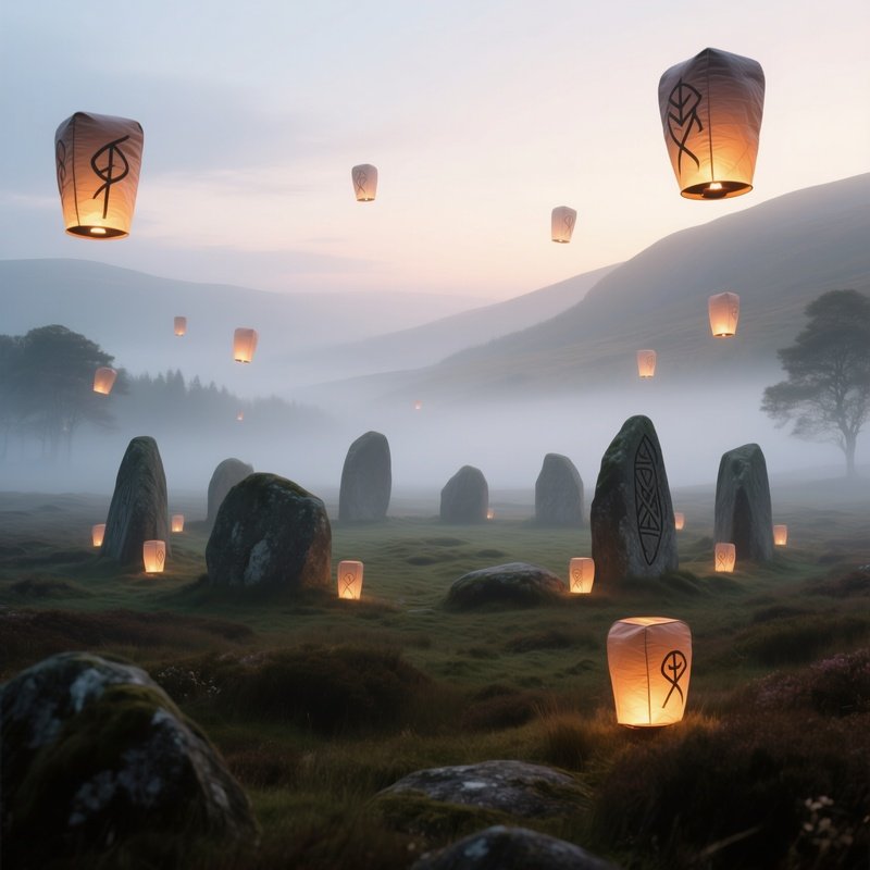 A Misty Highland Moor At Dawn, Stone Circles Surrounded By Hovering Lanterns Shaped Like Ancient