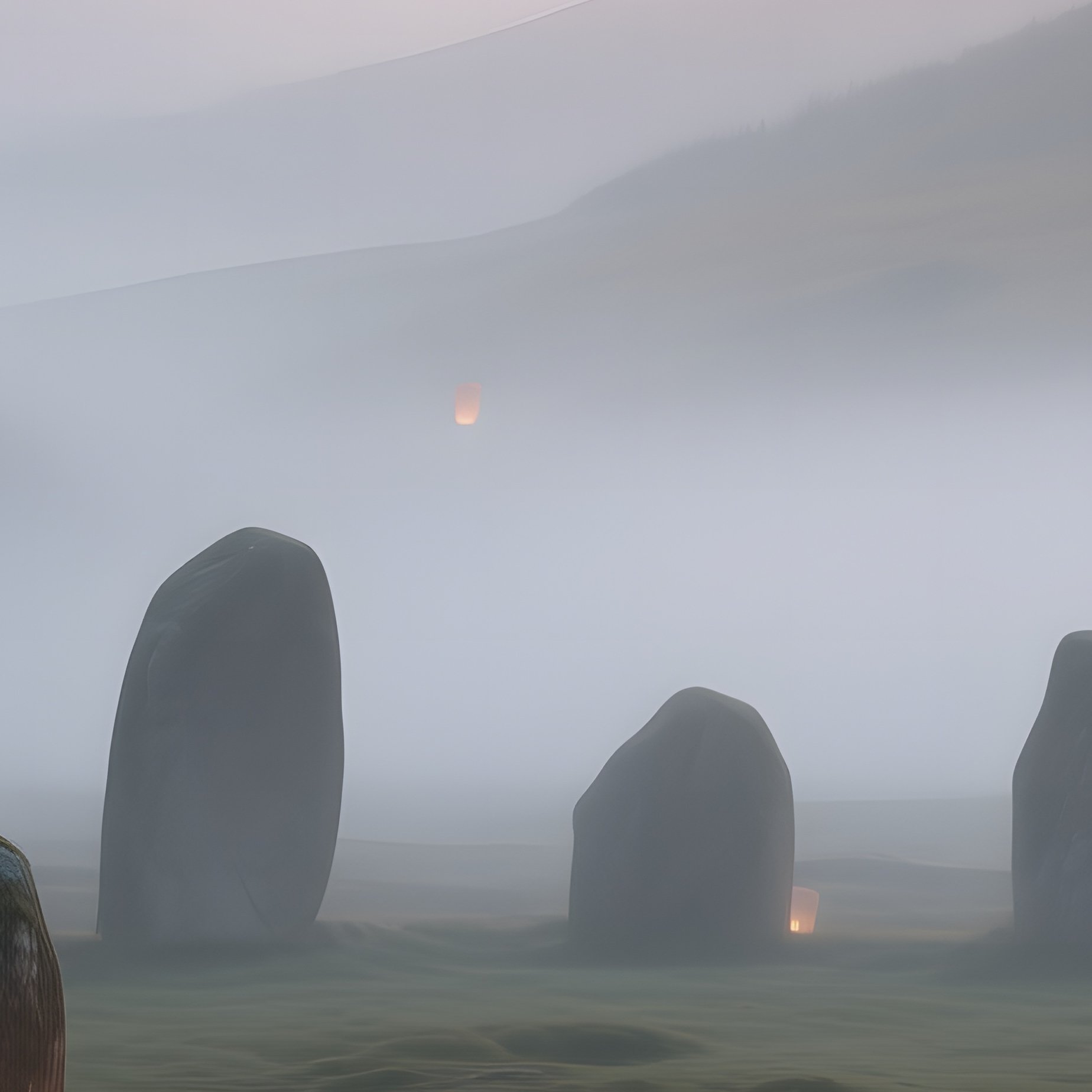 A Misty Highland Moor At Dawn, Stone Circles Surrounded By Hovering Lanterns Shaped Like Ancient - Full Resolution Quality Preview