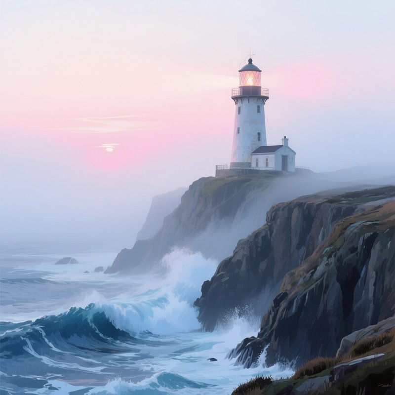 A Misty Lighthouse Perched On A Rugged Cliff, Waves Crashing Below, Watercolor Blues And Grays