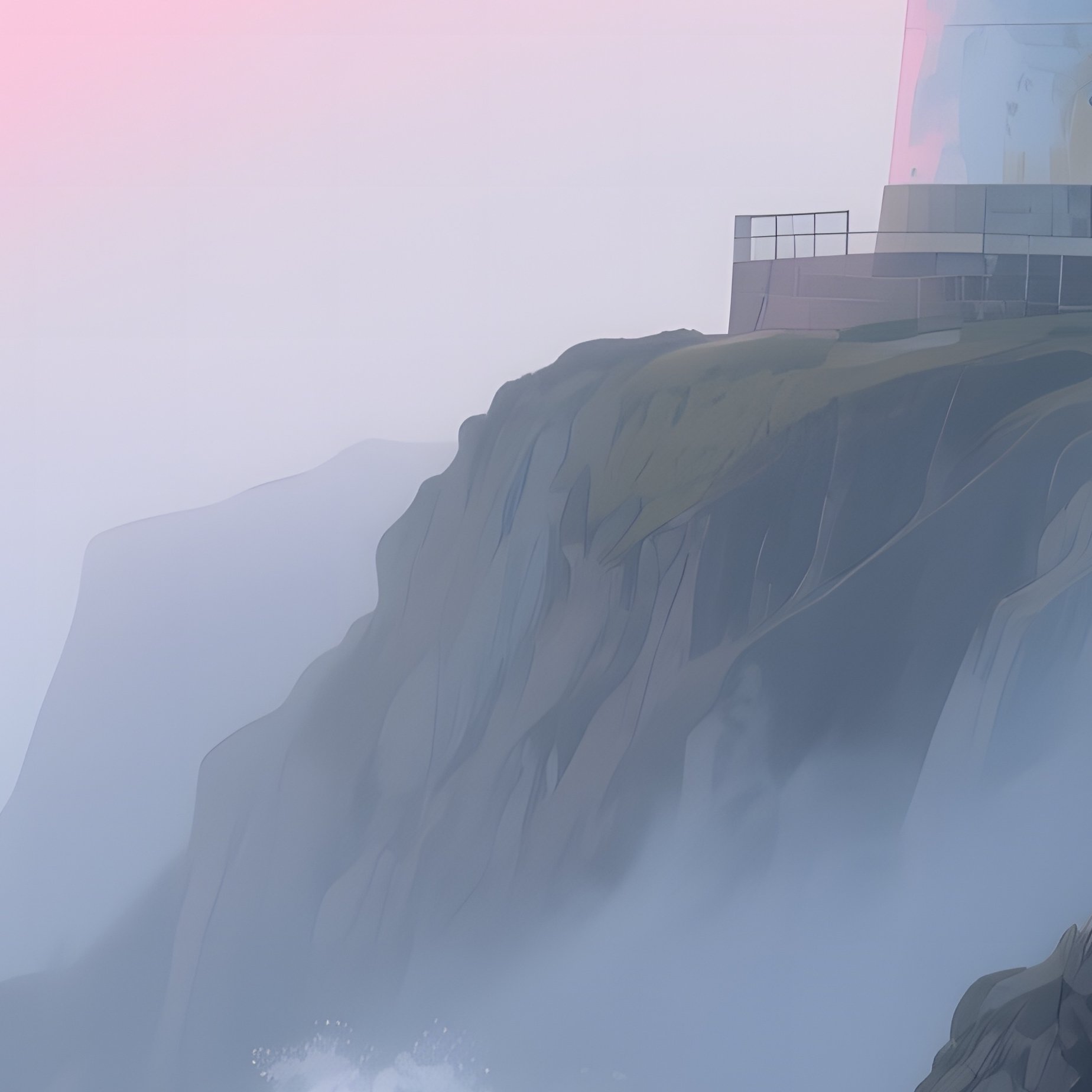 A Misty Lighthouse Perched On A Rugged Cliff, Waves Crashing Below, Watercolor Blues And Grays - Full Resolution Quality Preview