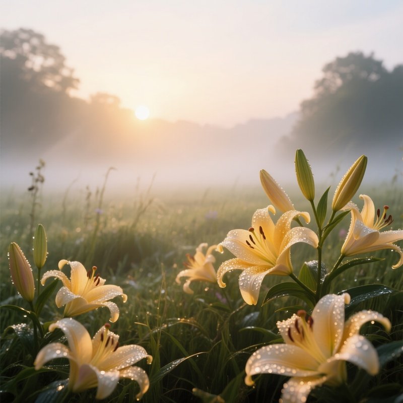 A Misty Meadow At Sunrise Where Sleeping Beauty Awakens Among Blooming Lilies, Golden Light