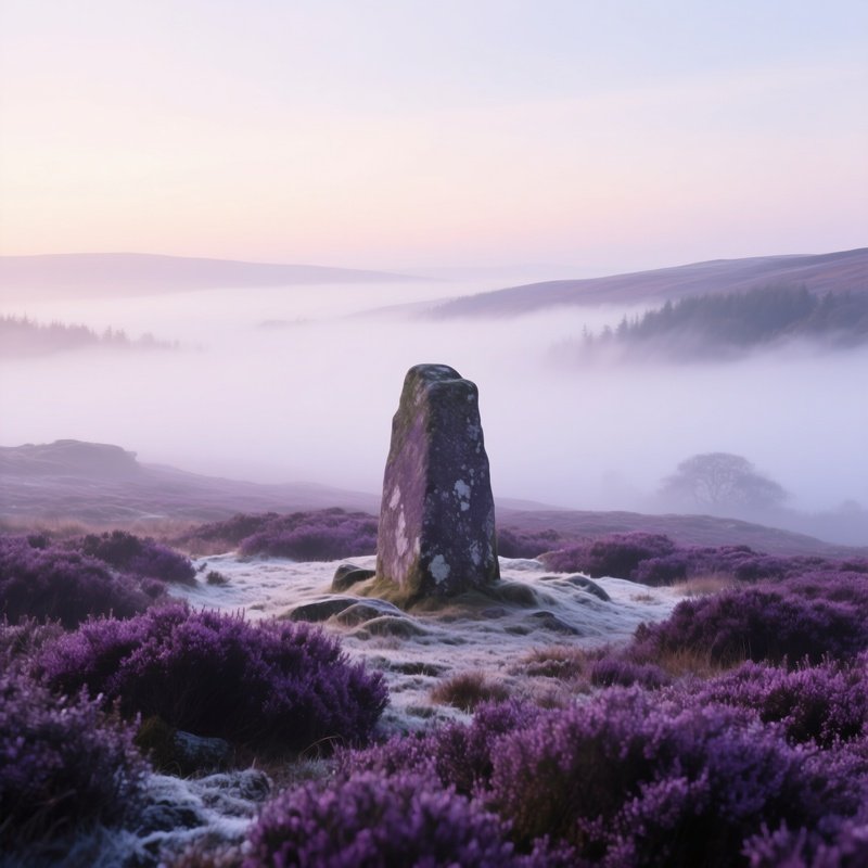 A Misty Moorland In Early Winter Dawn, Heather Turning Purple, Low Clouds Hugging The Ground, Lone