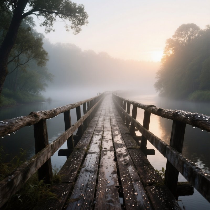 A Misty Morning At A Timber Bridge Over A River, The Aged Oak Planks Slick With Dew, Fog Softly
