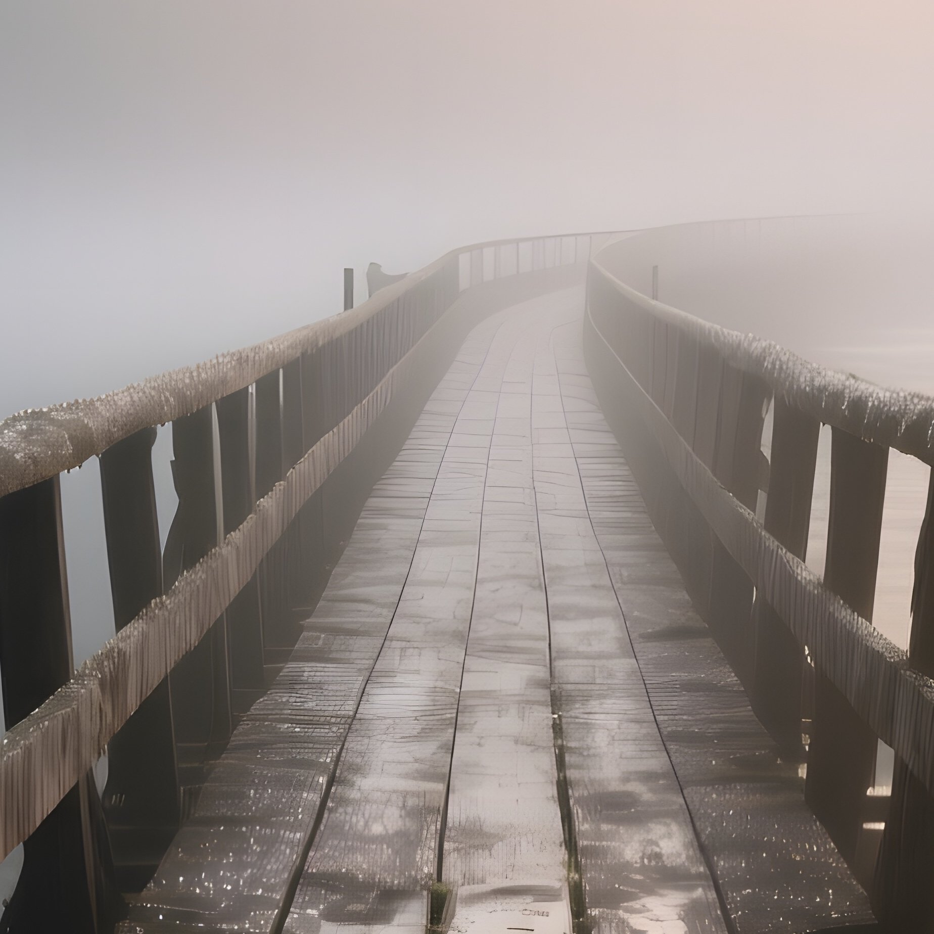 A Misty Morning At A Timber Bridge Over A River, The Aged Oak Planks Slick With Dew, Fog Softly - Full Resolution Quality Preview