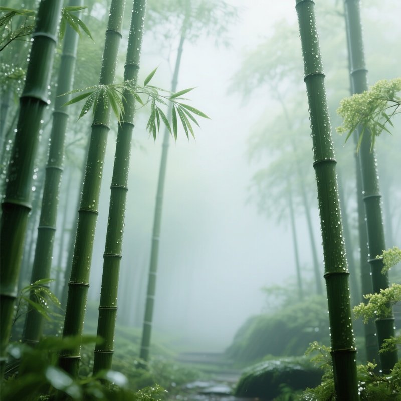 A Misty Morning In A Bamboo Grove During Early Spring, Tall Stalks Covered In Dew, Soft Light