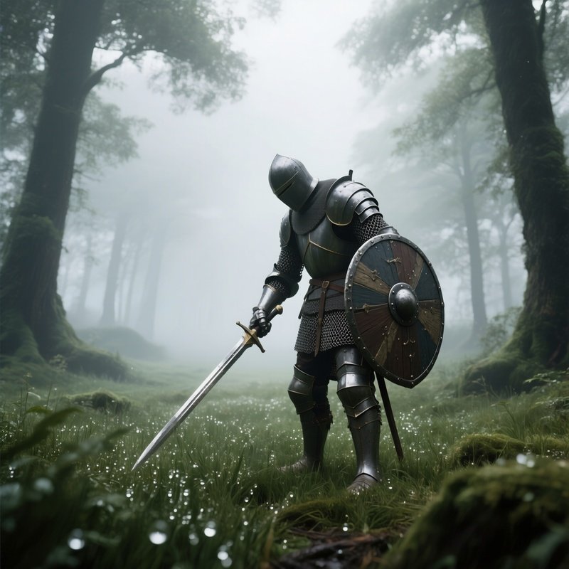 A Misty Morning In A Lush Forest Clearing, Where A Knight In Chainmail Inspects His Longsword And