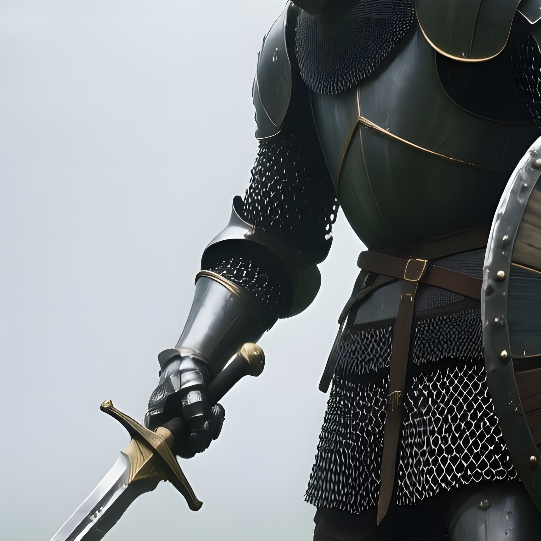 A Misty Morning In A Lush Forest Clearing, Where A Knight In Chainmail Inspects His Longsword And - Full Resolution Quality Preview