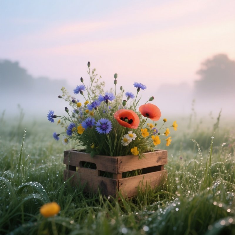 A Misty Morning Meadow With Dew‑Covered Grass, Where A Wooden Crate Displays A Wild Bouquet Of