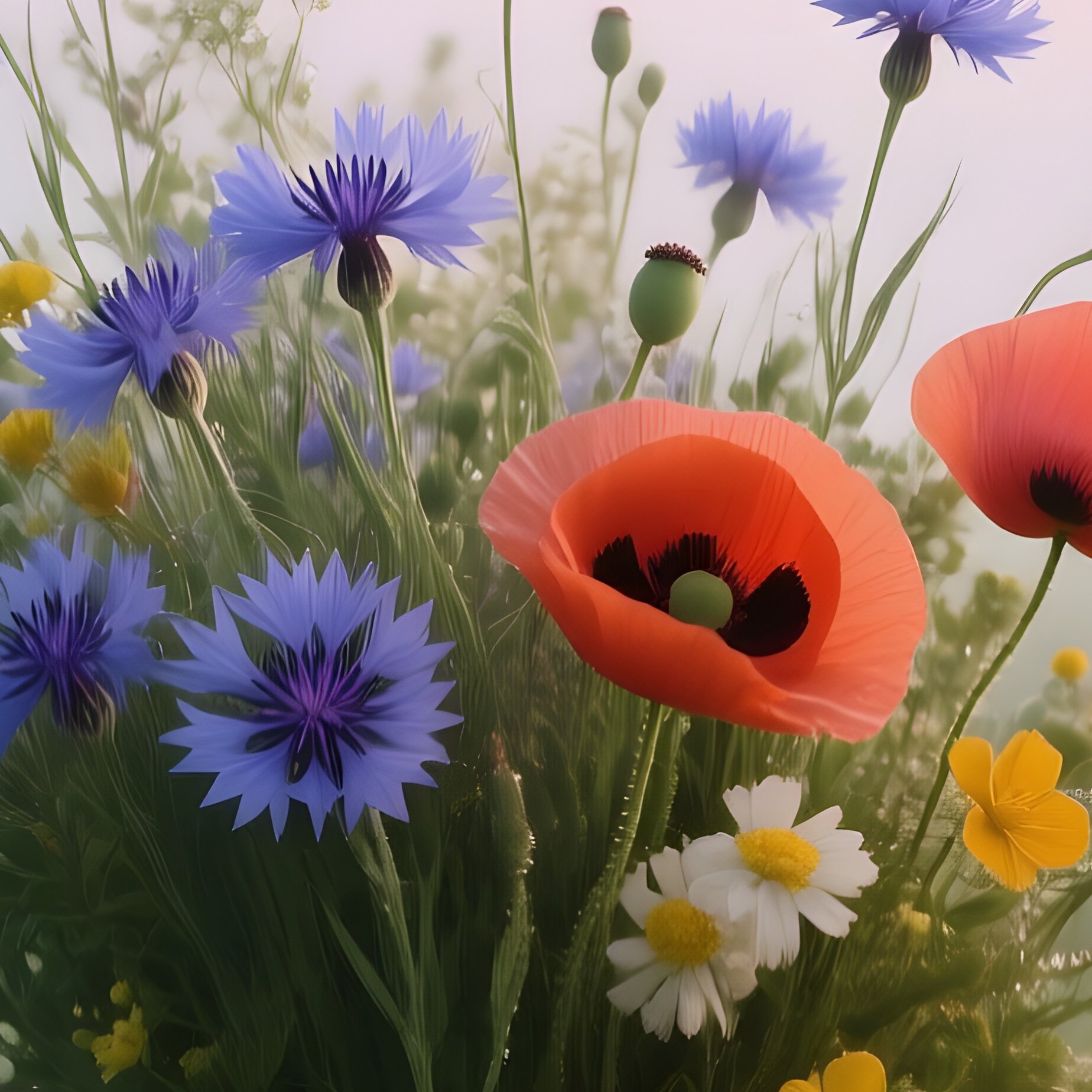 A Misty Morning Meadow With Dew‑Covered Grass, Where A Wooden Crate Displays A Wild Bouquet Of - Full Resolution Quality Preview