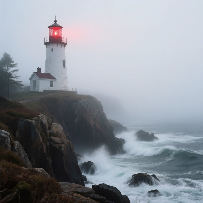 A Misty Morning On A New England Lighthouse Cliff, Waves Crashing Against Rocks, Fog Rolling In,