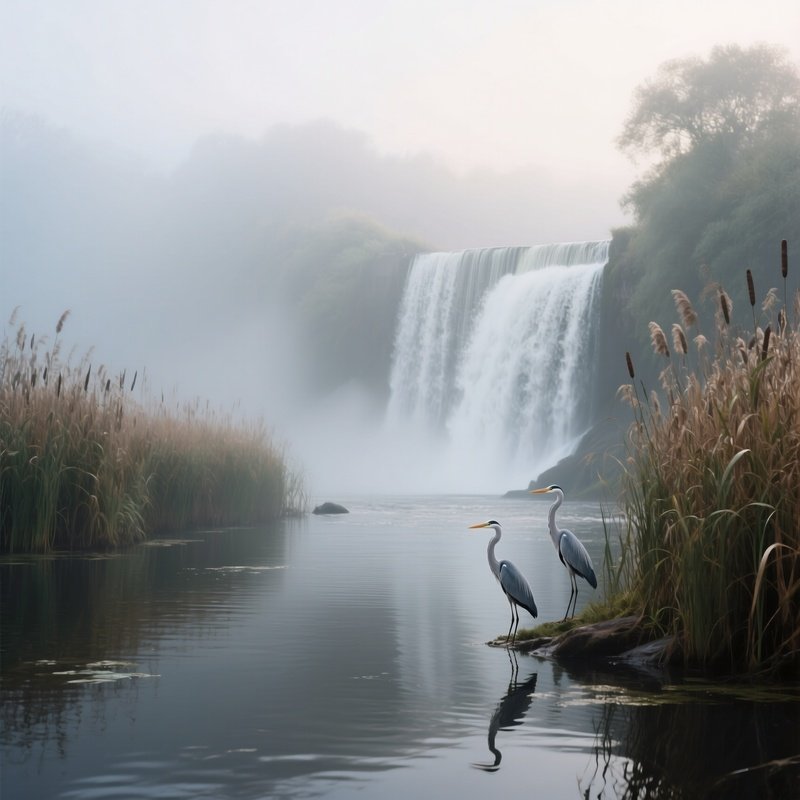 A Misty Morning Scene Of A Waterfall Feeding Into A Calm River Lined With Cattails, Herons Standing