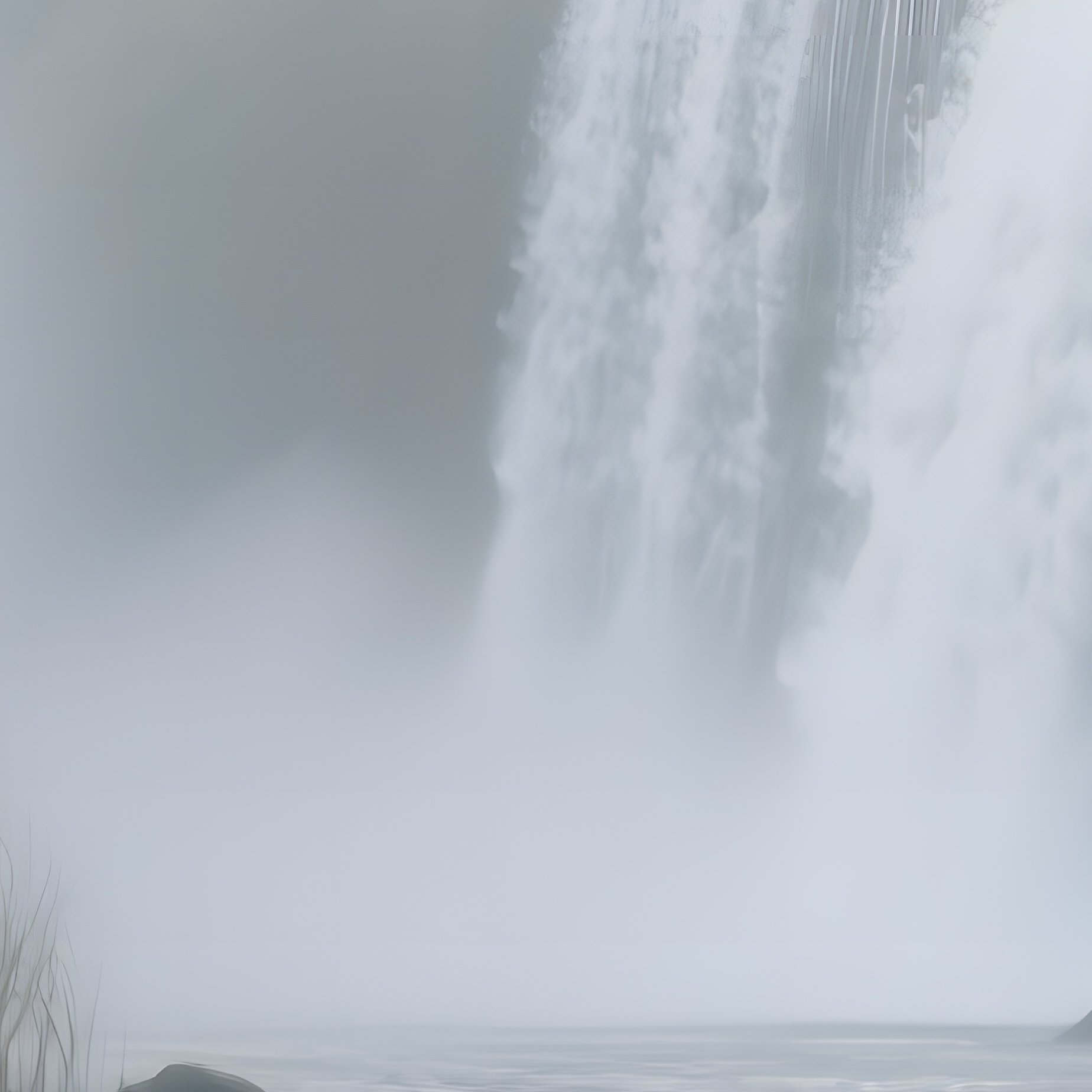 A Misty Morning Scene Of A Waterfall Feeding Into A Calm River Lined With Cattails, Herons Standing - Full Resolution Quality Preview