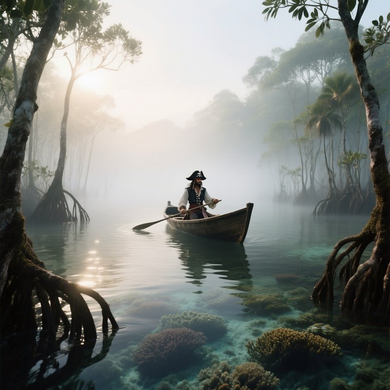 A Misty Morning Scene Shows A Lone Pirate Skiff Gliding Through Shallow Mangroves, Sunlight