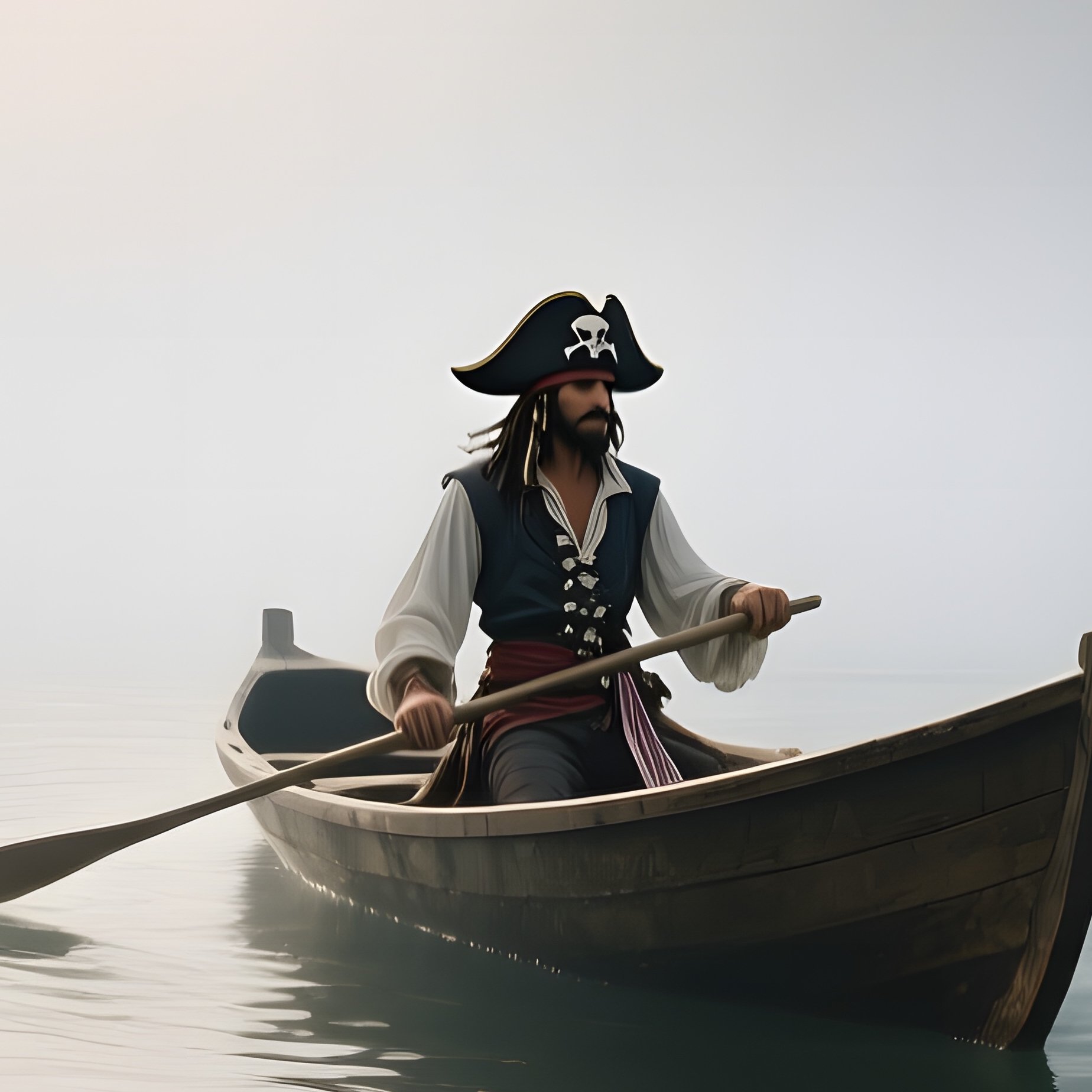 A Misty Morning Scene Shows A Lone Pirate Skiff Gliding Through Shallow Mangroves, Sunlight - Full Resolution Quality Preview