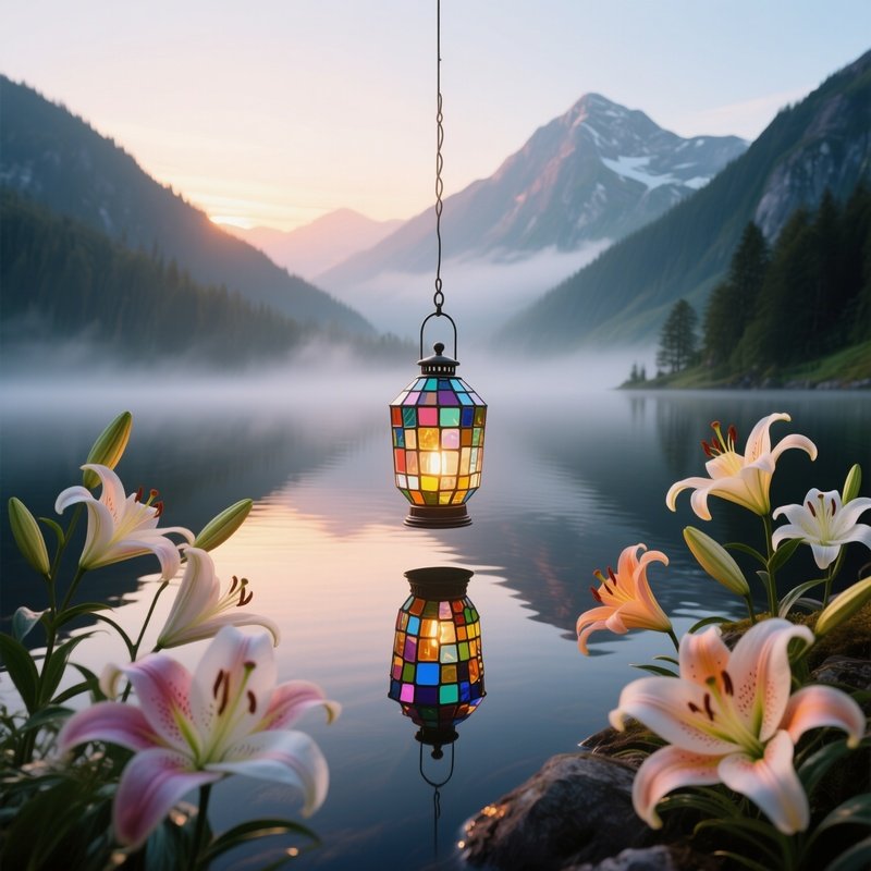 A Misty Mountain Lake At Sunrise Reflecting A Hanging Lantern Surrounded By A Glass Mosaic Of