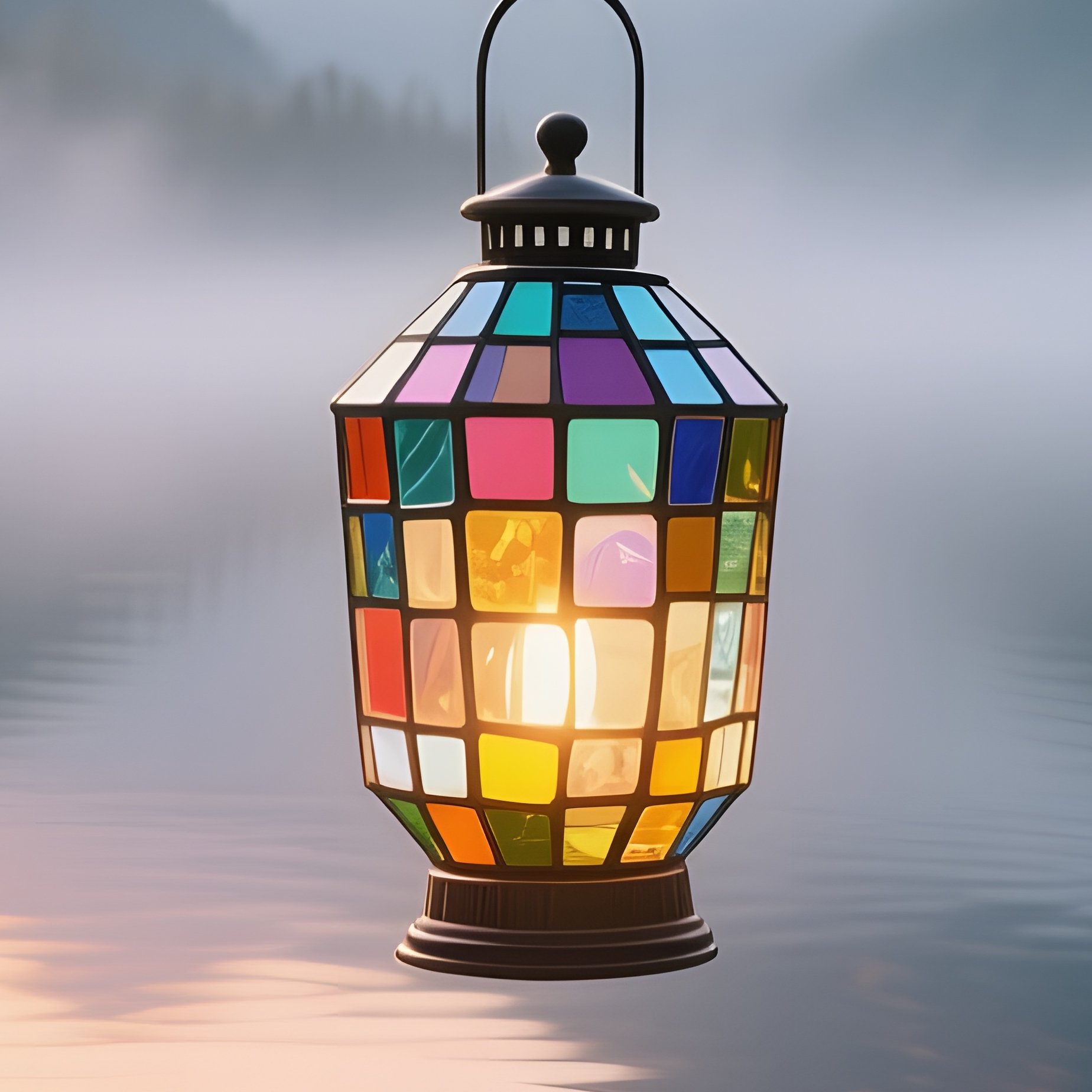 A Misty Mountain Lake At Sunrise Reflecting A Hanging Lantern Surrounded By A Glass Mosaic Of - Full Resolution Quality Preview