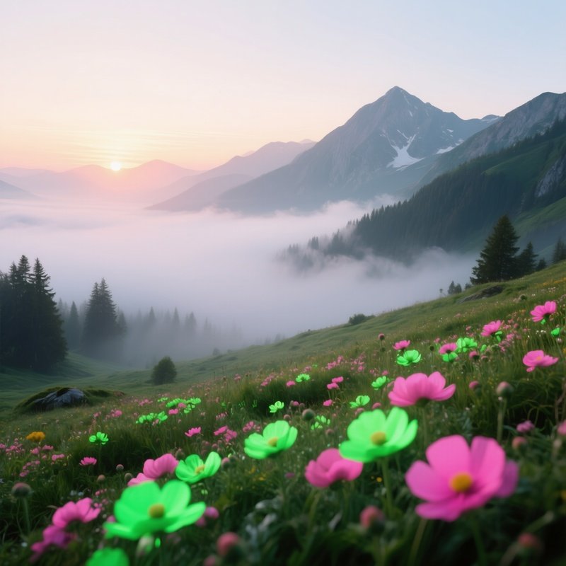 A Misty Mountain Meadow At Sunrise Where Pop‑Art Alpine Flowers Glow In Neon Green And Pink, Low