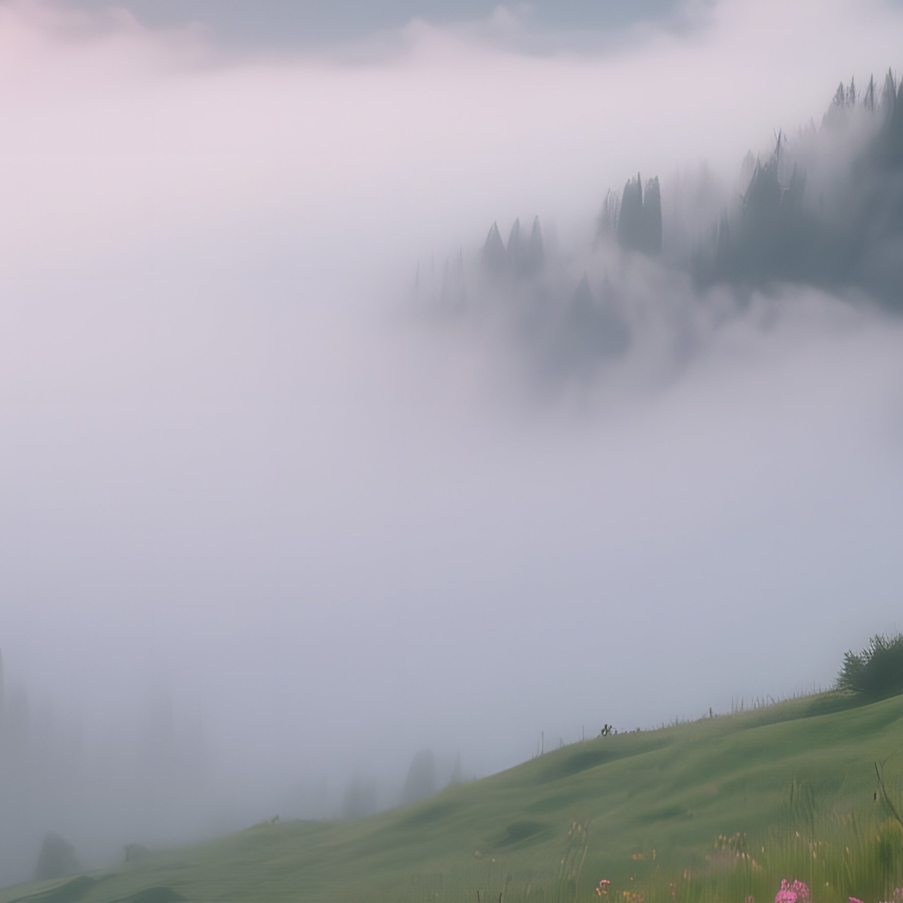 A Misty Mountain Meadow At Sunrise Where Pop‑Art Alpine Flowers Glow In Neon Green And Pink, Low - Full Resolution Quality Preview