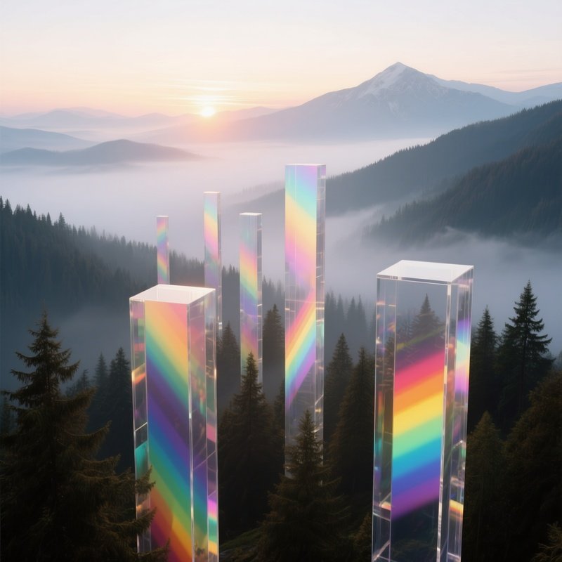 A Misty Mountain Overlook Where A Series Of Transparent Acrylic Towers Refract Sunrise Light Into