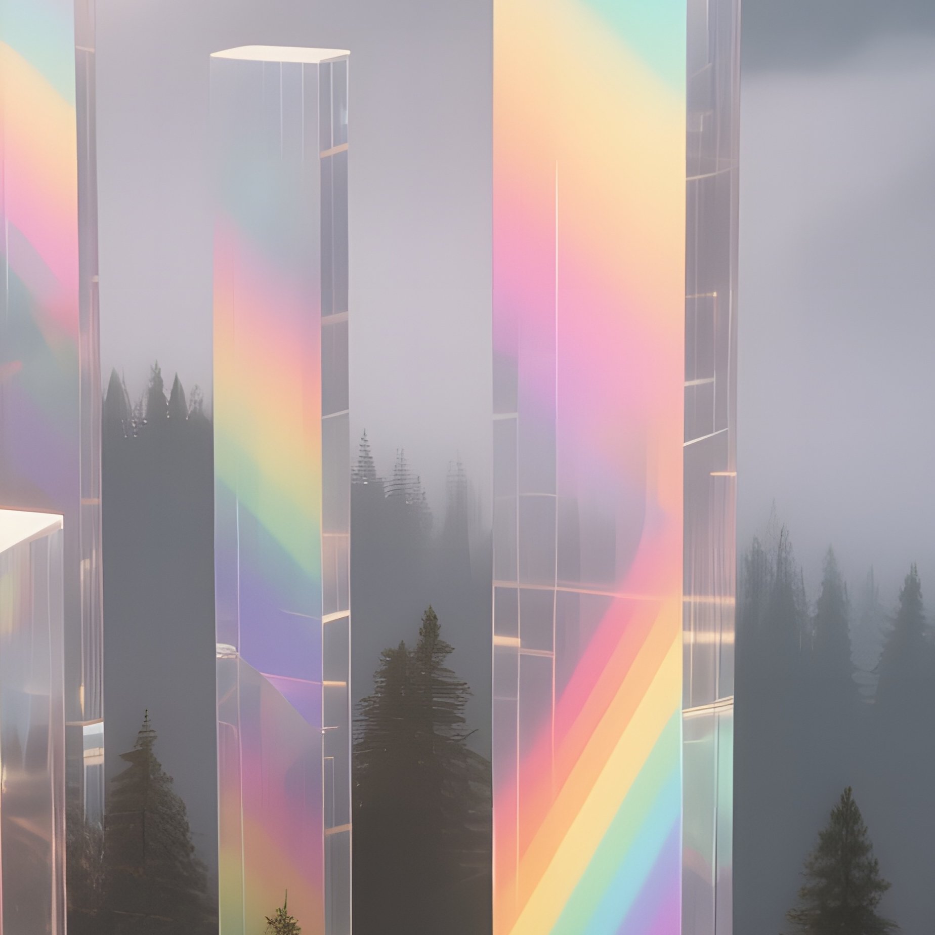 A Misty Mountain Overlook Where A Series Of Transparent Acrylic Towers Refract Sunrise Light Into - Full Resolution Quality Preview