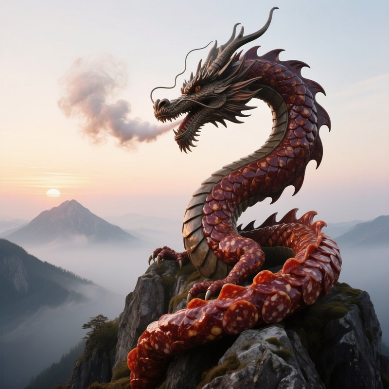 A Misty Mountain Peak At Sunrise Where A Colossal Dragon Sculpture Winds Around The Rocks, Its