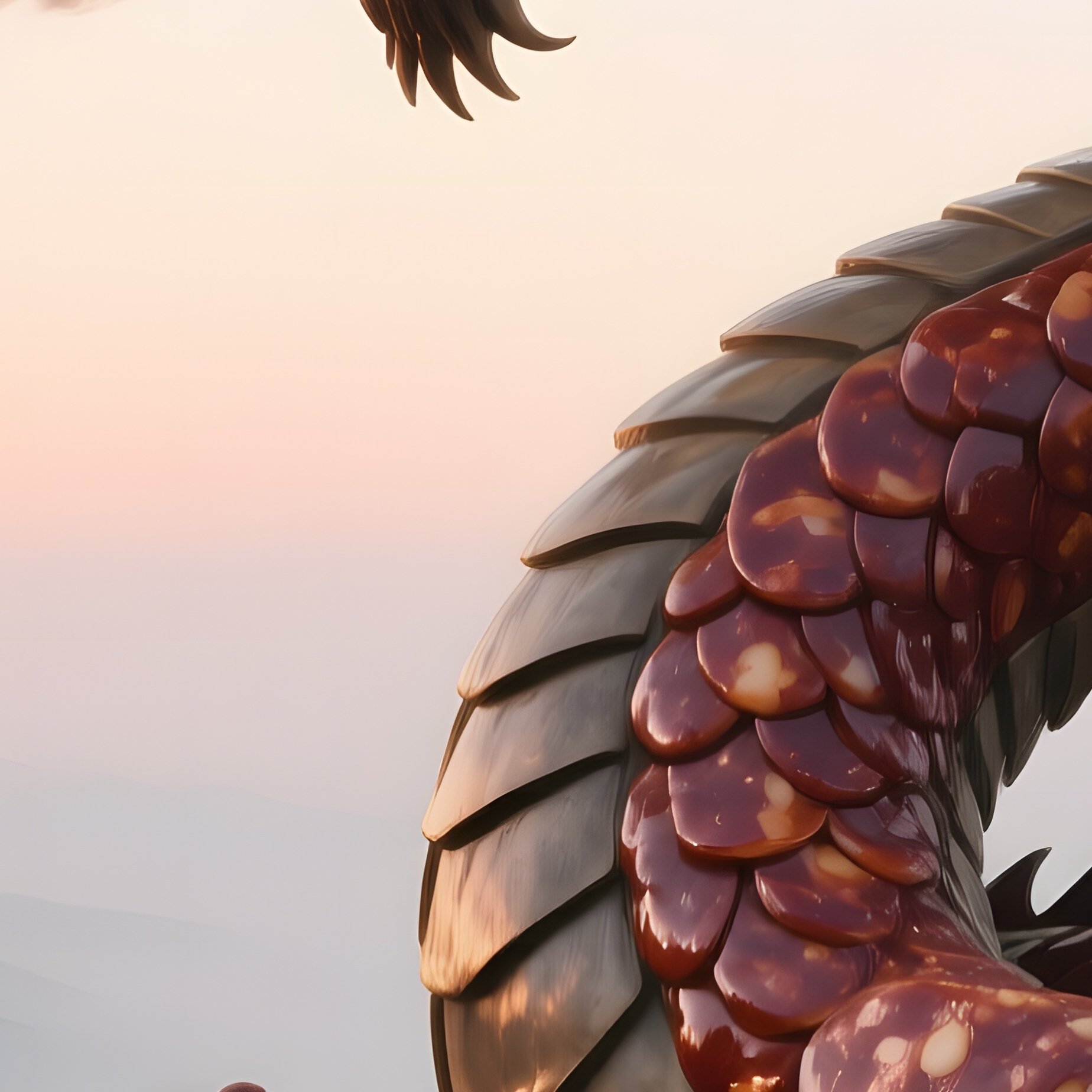 A Misty Mountain Peak At Sunrise Where A Colossal Dragon Sculpture Winds Around The Rocks, Its - Full Resolution Quality Preview