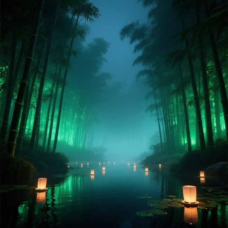 A Misty Night Scene With Towering Bamboo Groves That Emit A Faint Green Luminescence, Their Shadows