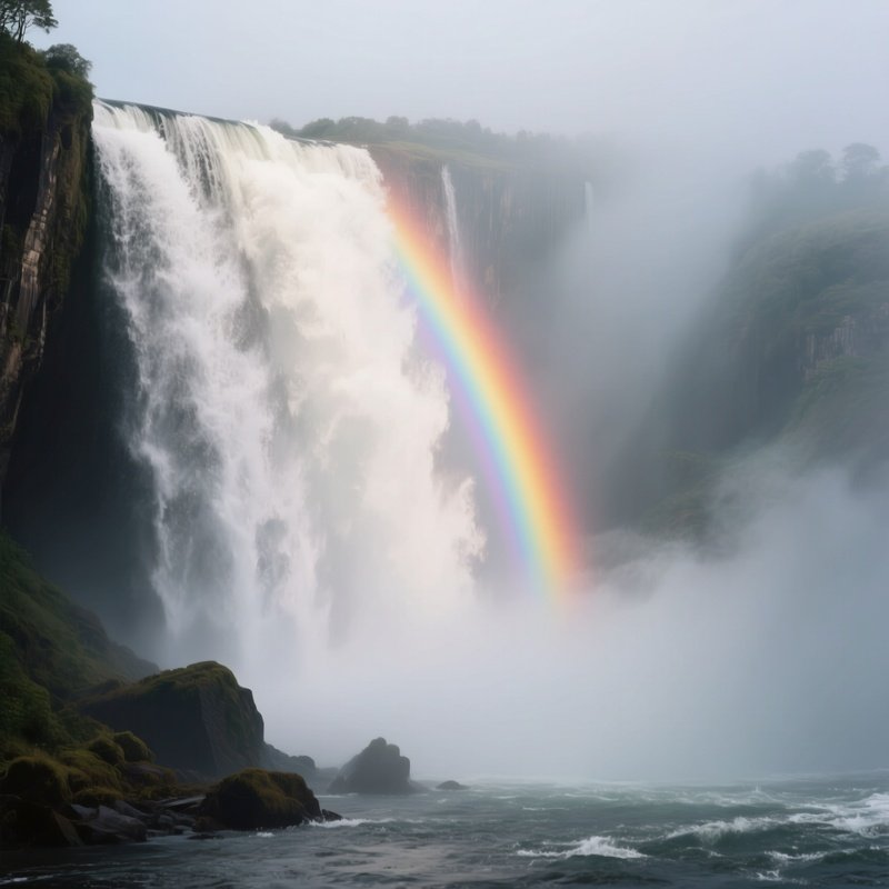 A Misty Rainbow Forming In The Spray Of A Powerful Waterfall