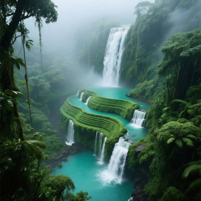 A Misty Rainforest Cascade Seen From Above, The Water Spiraling Down A Series Of Emerald Green