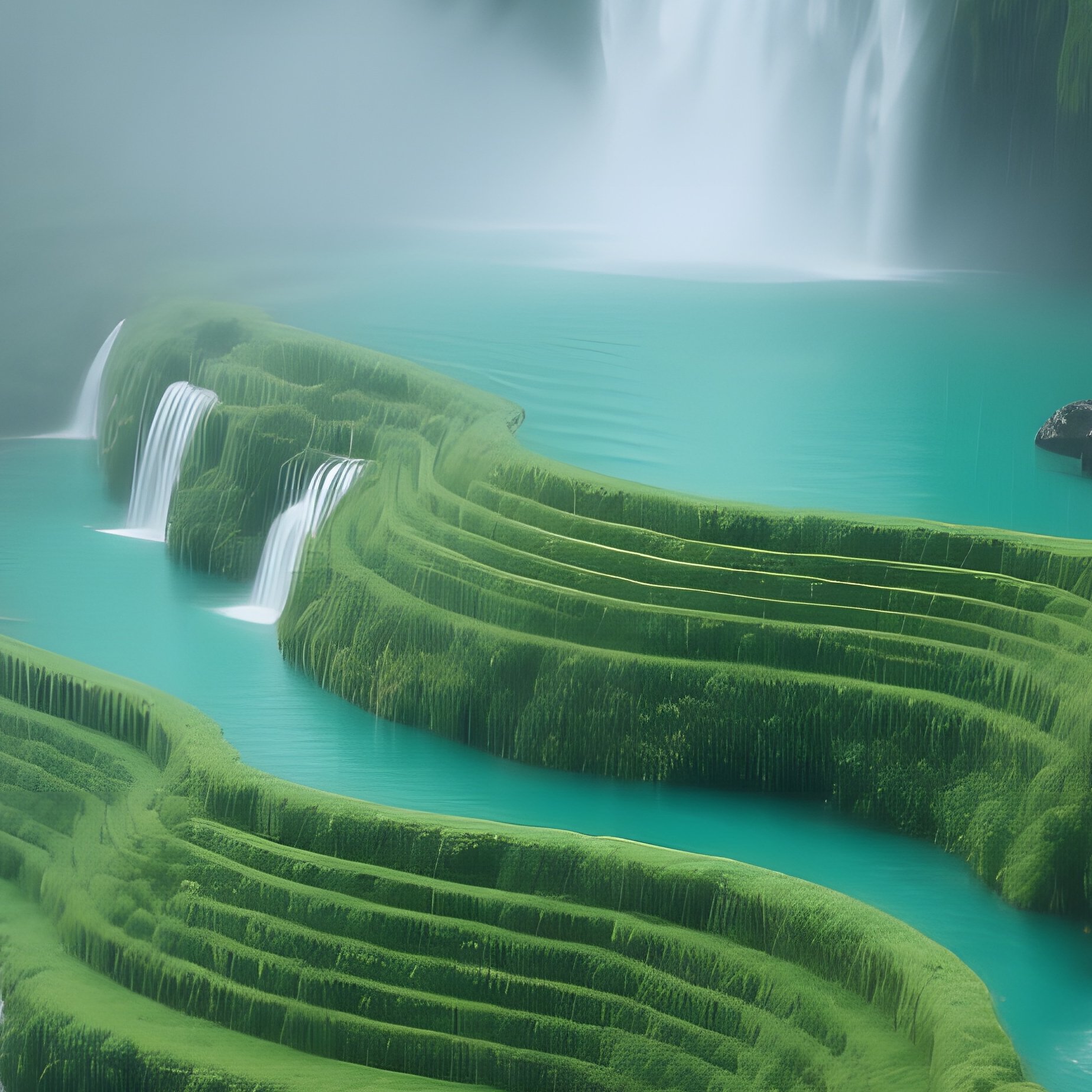 A Misty Rainforest Cascade Seen From Above, The Water Spiraling Down A Series Of Emerald Green - Full Resolution Quality Preview