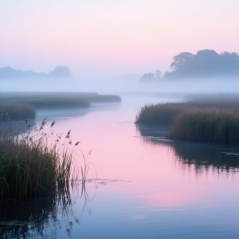 A Misty River Delta At Dawn, Shallow Water Reflecting Soft Pinks And Blues, Reeds Swaying Gently,