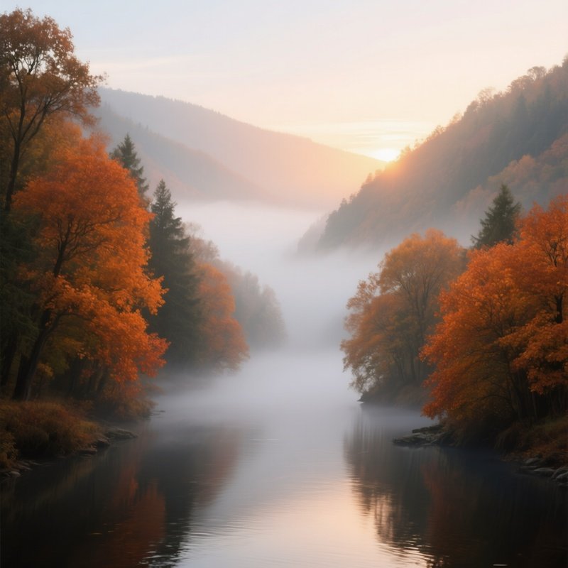 A Misty River Valley In Early Autumn, Fog Hugging Water, Trees Ablaze With Orange Leaves, Soft