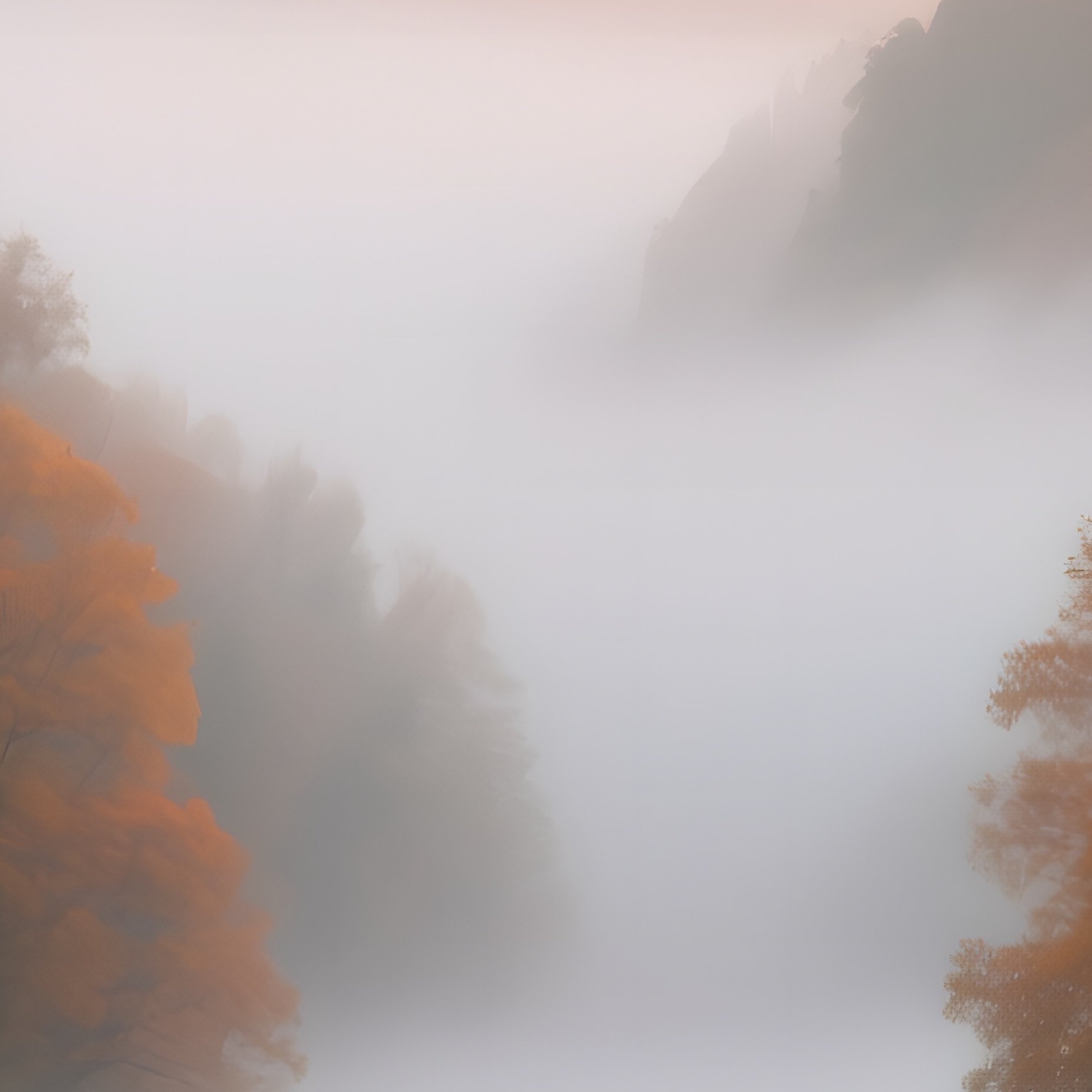 A Misty River Valley In Early Autumn, Fog Hugging Water, Trees Ablaze With Orange Leaves, Soft - Full Resolution Quality Preview