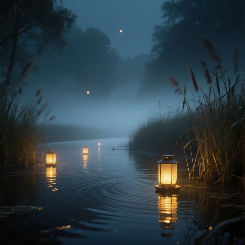 A Misty Riverbank At Night, Lanterns Floating Gently On The Water’S Surface, Their Soft Gold Light