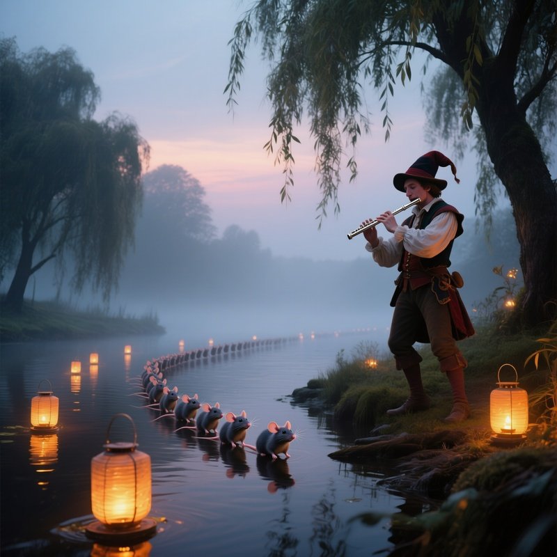 A Misty Riverbank At Twilight Where The Pied Piper Plays A Silver Flute, Enchanted Rats Following