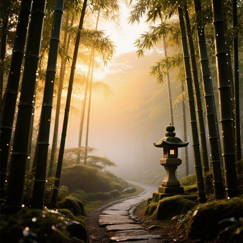 A Misty Sunrise Over A Bamboo Forest In Kyoto, Golden Light Filtering Through Slender Trunks And