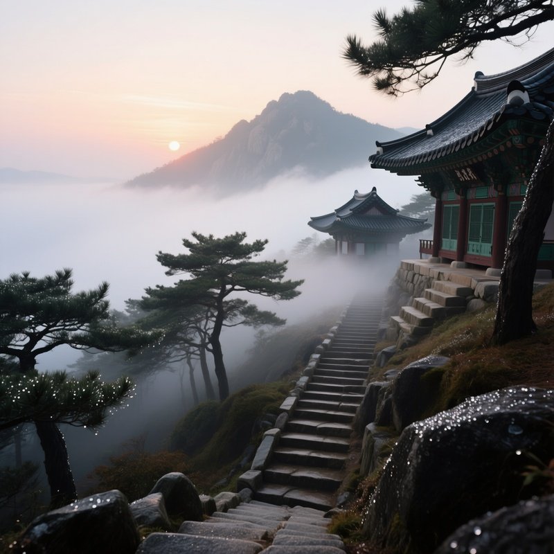 A Misty Sunrise Over A Korean Mountain Temple, Stone Steps Disappearing Into Clouds, Pine Trees